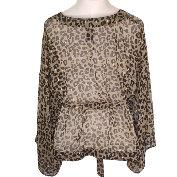 VINCE CAMUTO Leopard Print Sheer Metallic Gold Wrap Kimono Top One Size NEW - Picture 8 of 11